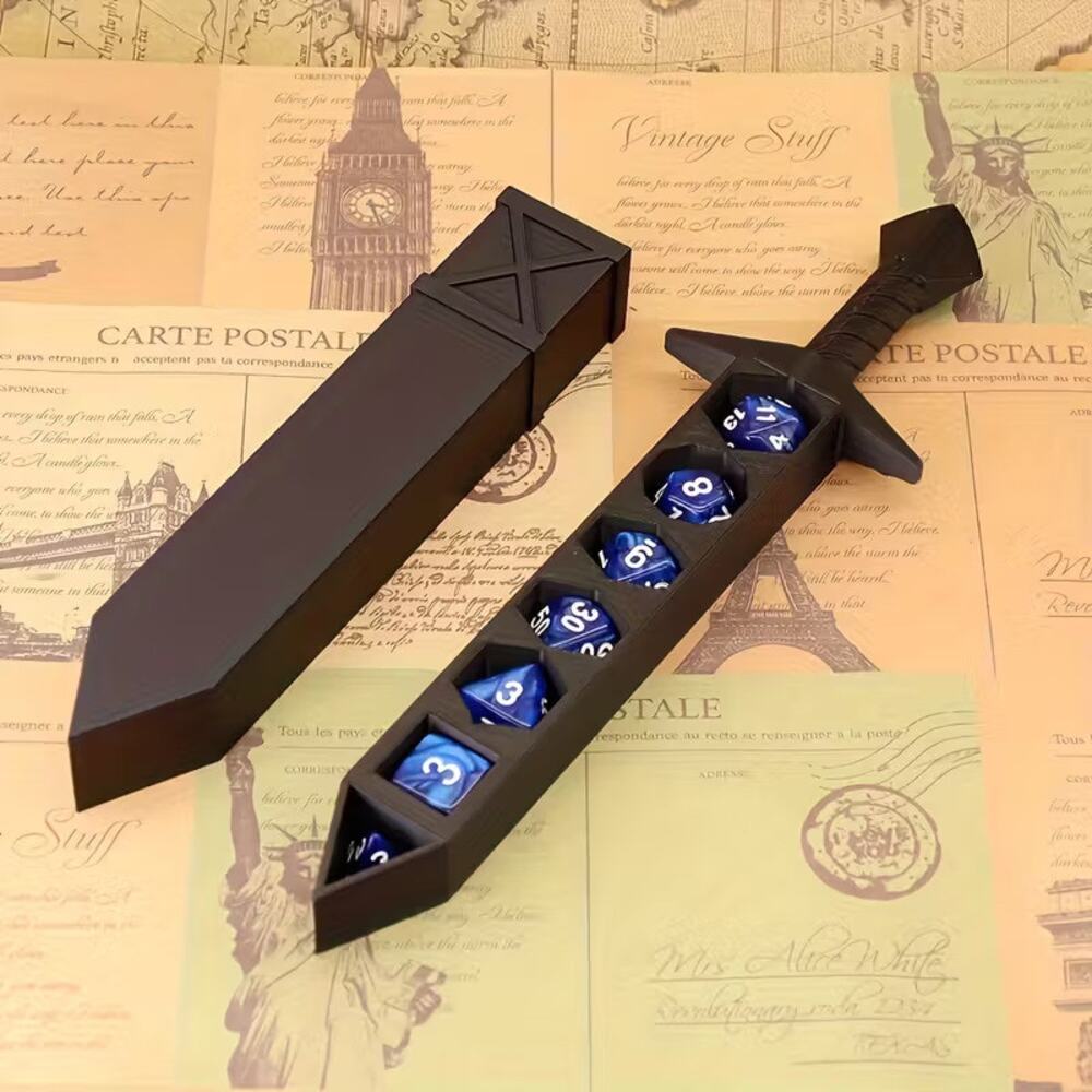 Board Game DND Sword Case Storage Box Holder w/ 7 Blue Dices